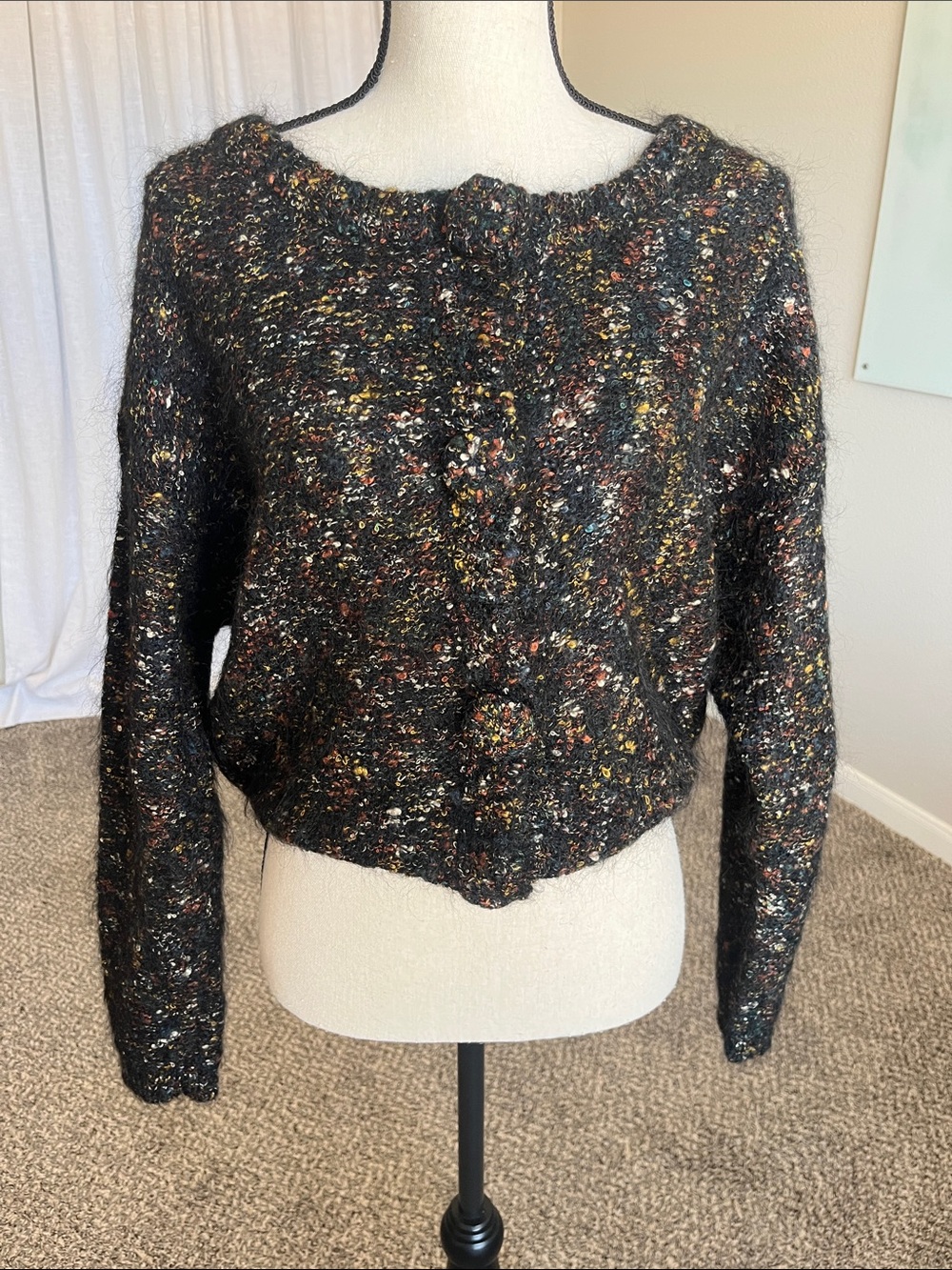 VTG Paul Et Duffier Cropped Mohair Cardigan Black Multicolor Rainbow Confetti M